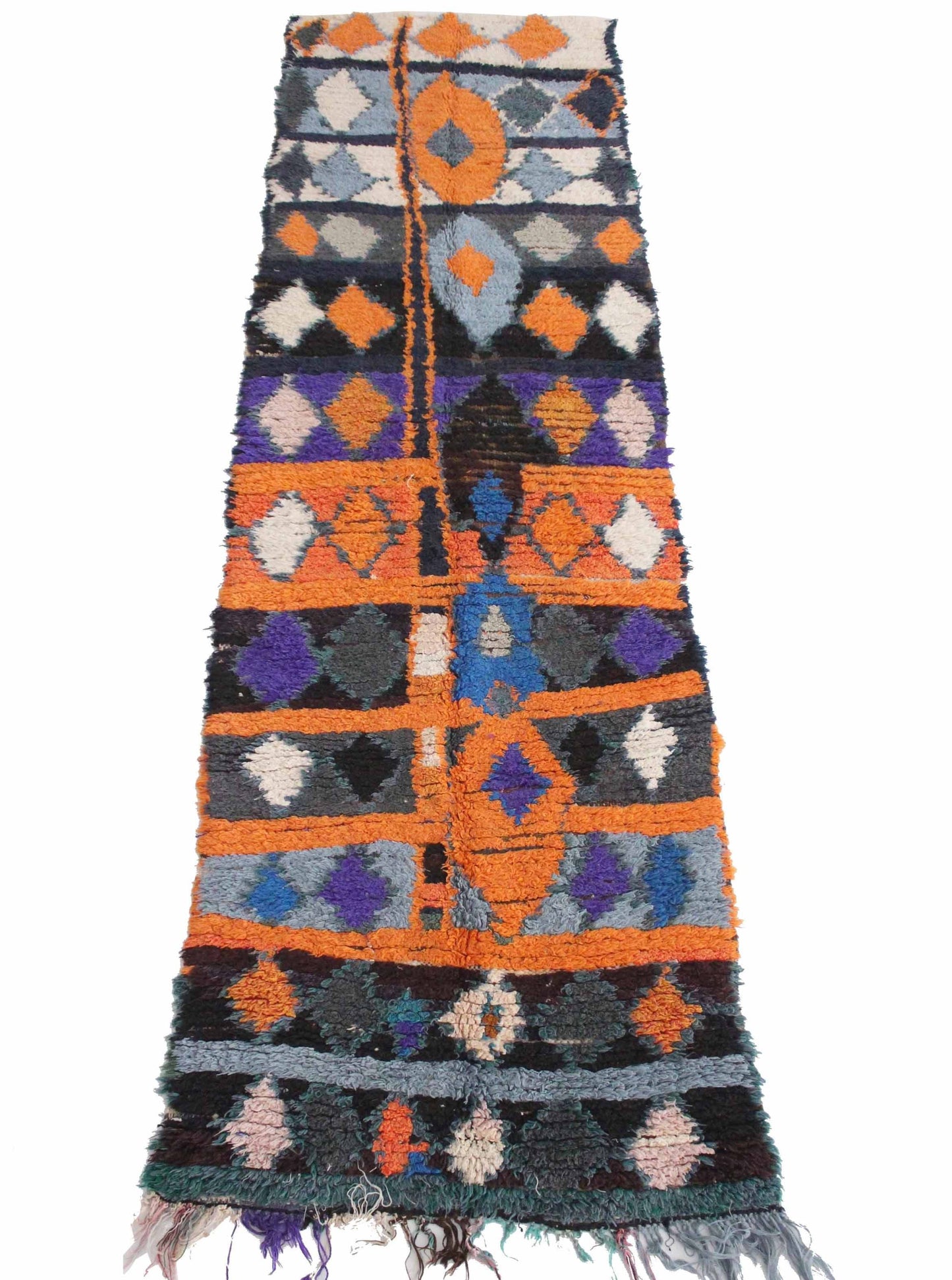 Vintage moroccan runner rug - green, blue, orange - Boucherouite - 2.4x8.7feet / 75x265cm