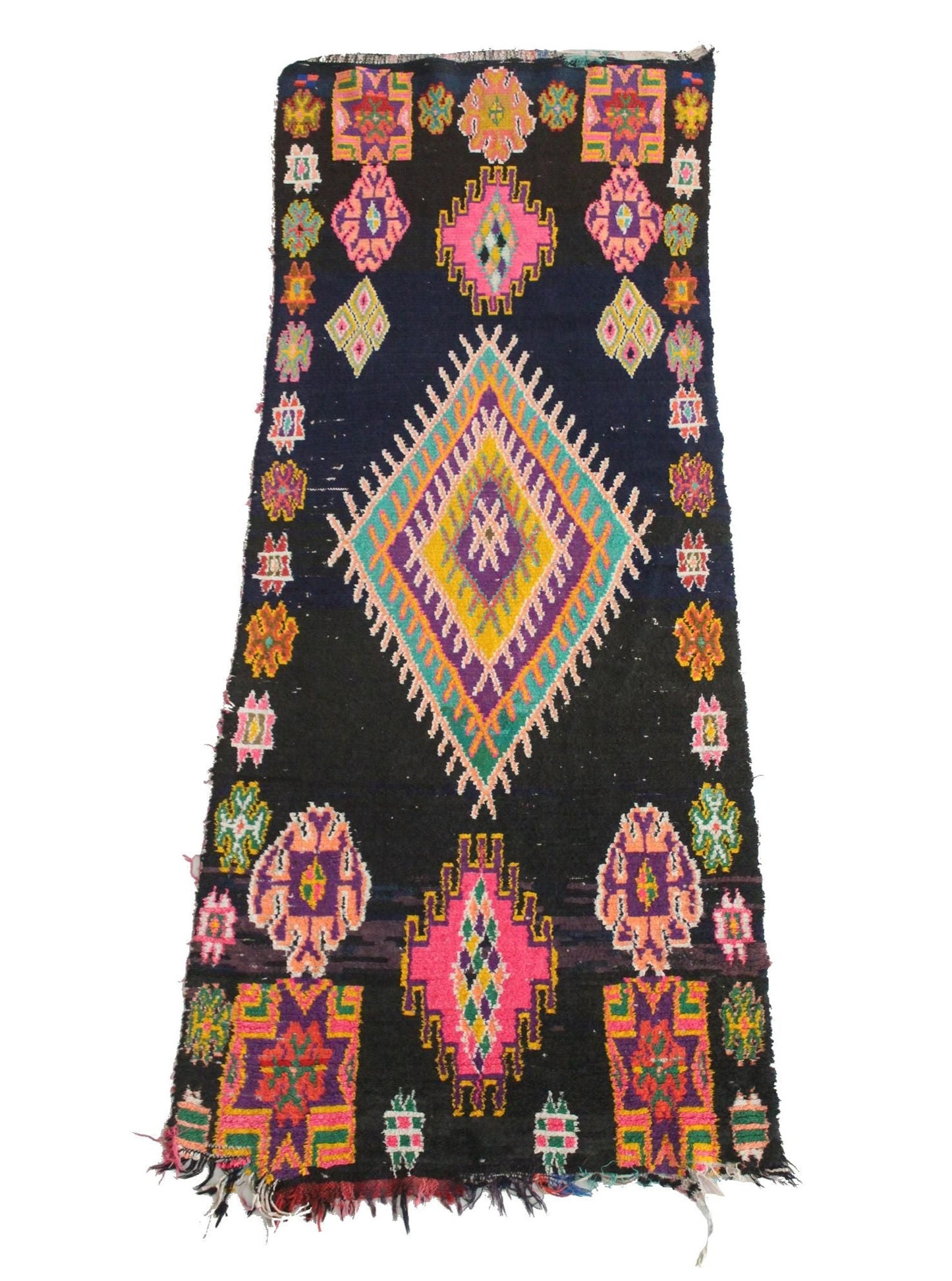 Vintage moroccan runner rug - dark blue, pink - Boucherouite - 2.6-2.9x6.8feet / 80-88x208cm