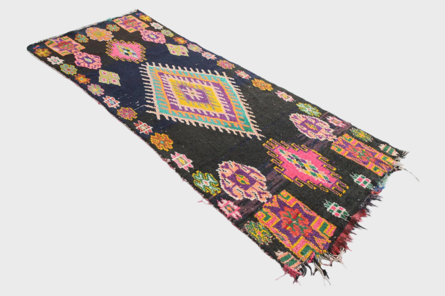 Vintage moroccan runner rug - dark blue, pink - Boucherouite - 2.6-2.9x6.8feet / 80-88x208cm