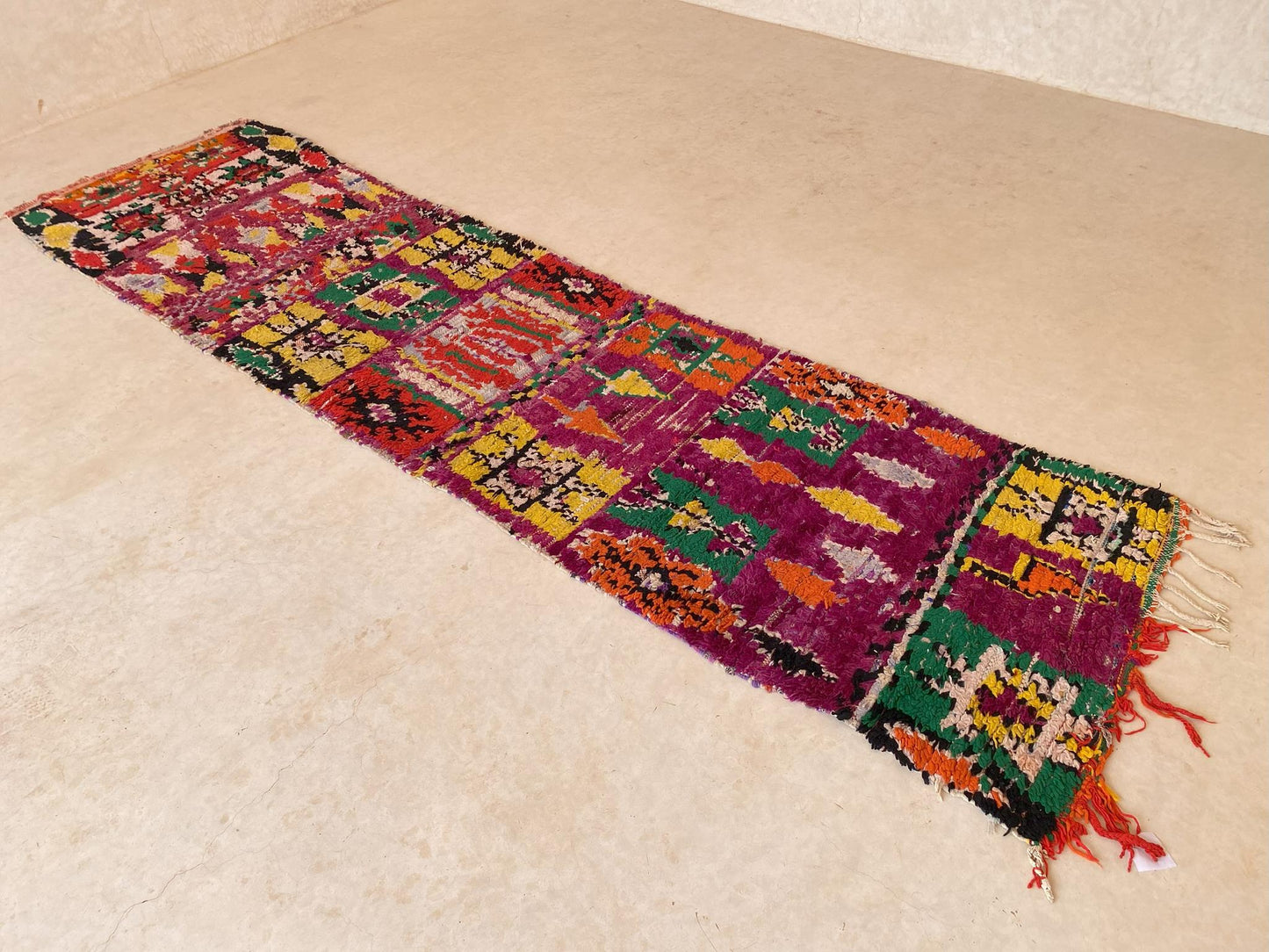 Vintage moroccan runner rug - purple, yellow, green, orange - Boujad - 2.8x11.5feet / 87x352cm