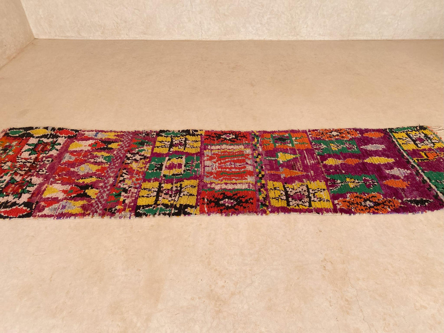 Vintage moroccan runner rug - purple, yellow, green, orange - Boujad - 2.8x11.5feet / 87x352cm