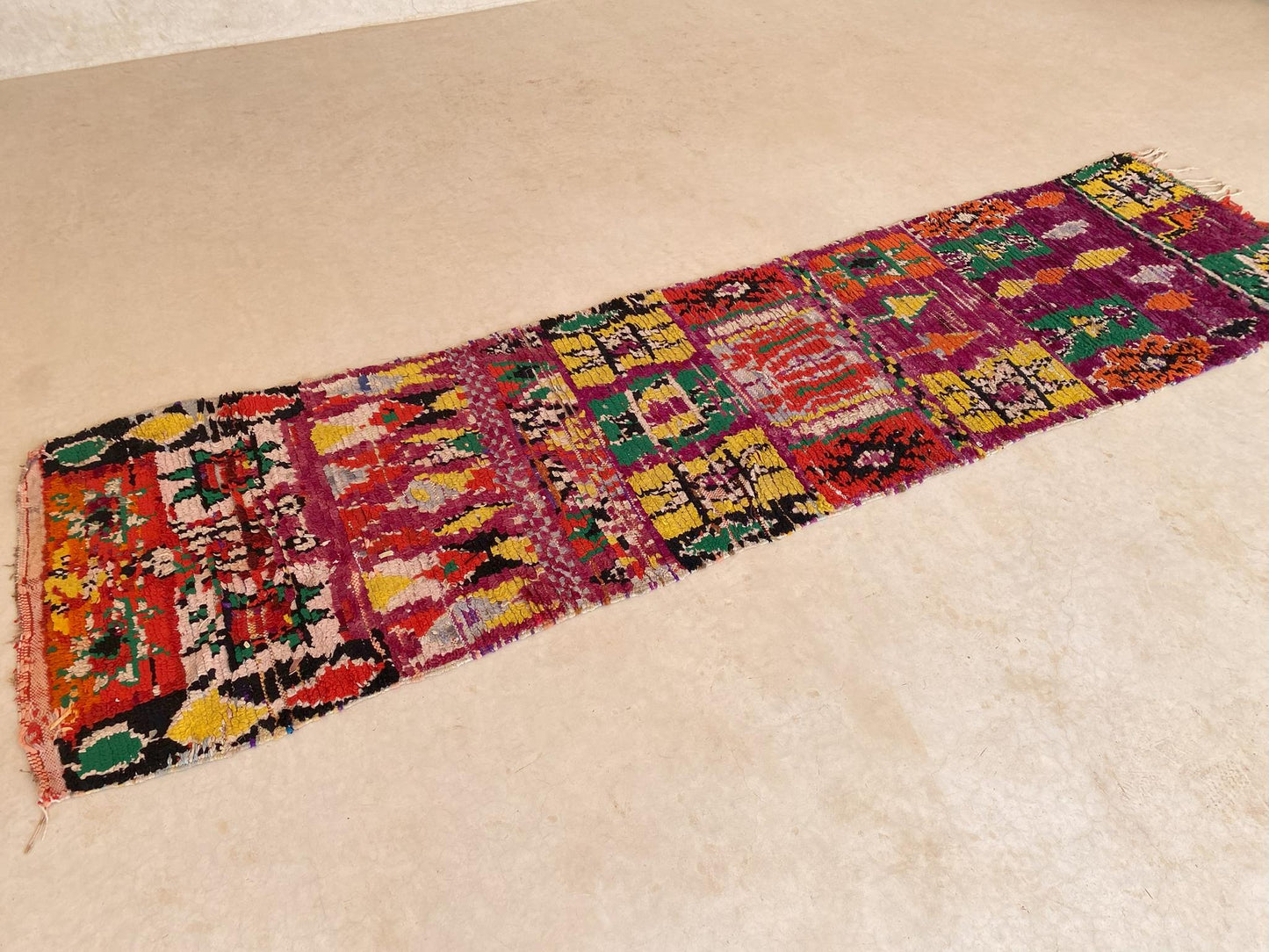 Vintage moroccan runner rug - purple, yellow, green, orange - Boujad - 2.8x11.5feet / 87x352cm