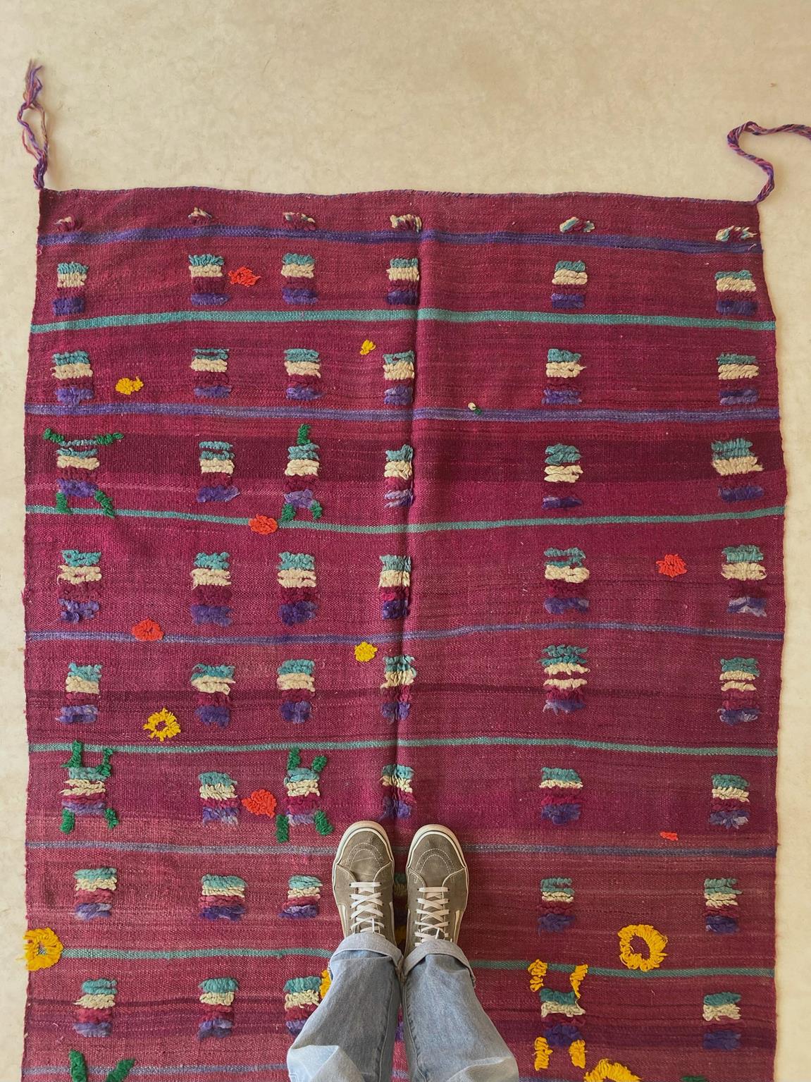 Vintage moroccan rug, textile - purple - Kilim - 4.1x8.3feet / 127x252cm