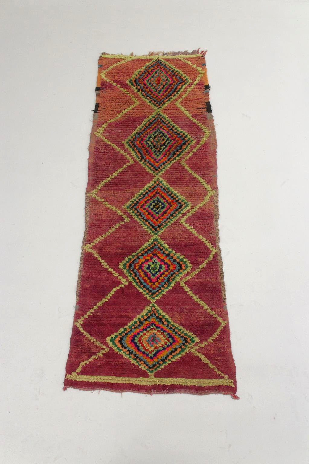 Vintage moroccan runner rug - purple, neon green - Boujad - 3x8.7feet / 92x265cm