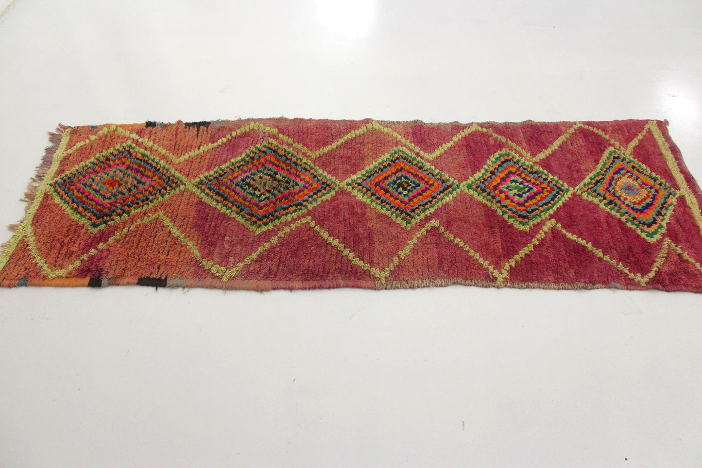 Vintage moroccan runner rug - purple, neon green - Boujad - 3x8.7feet / 92x265cm