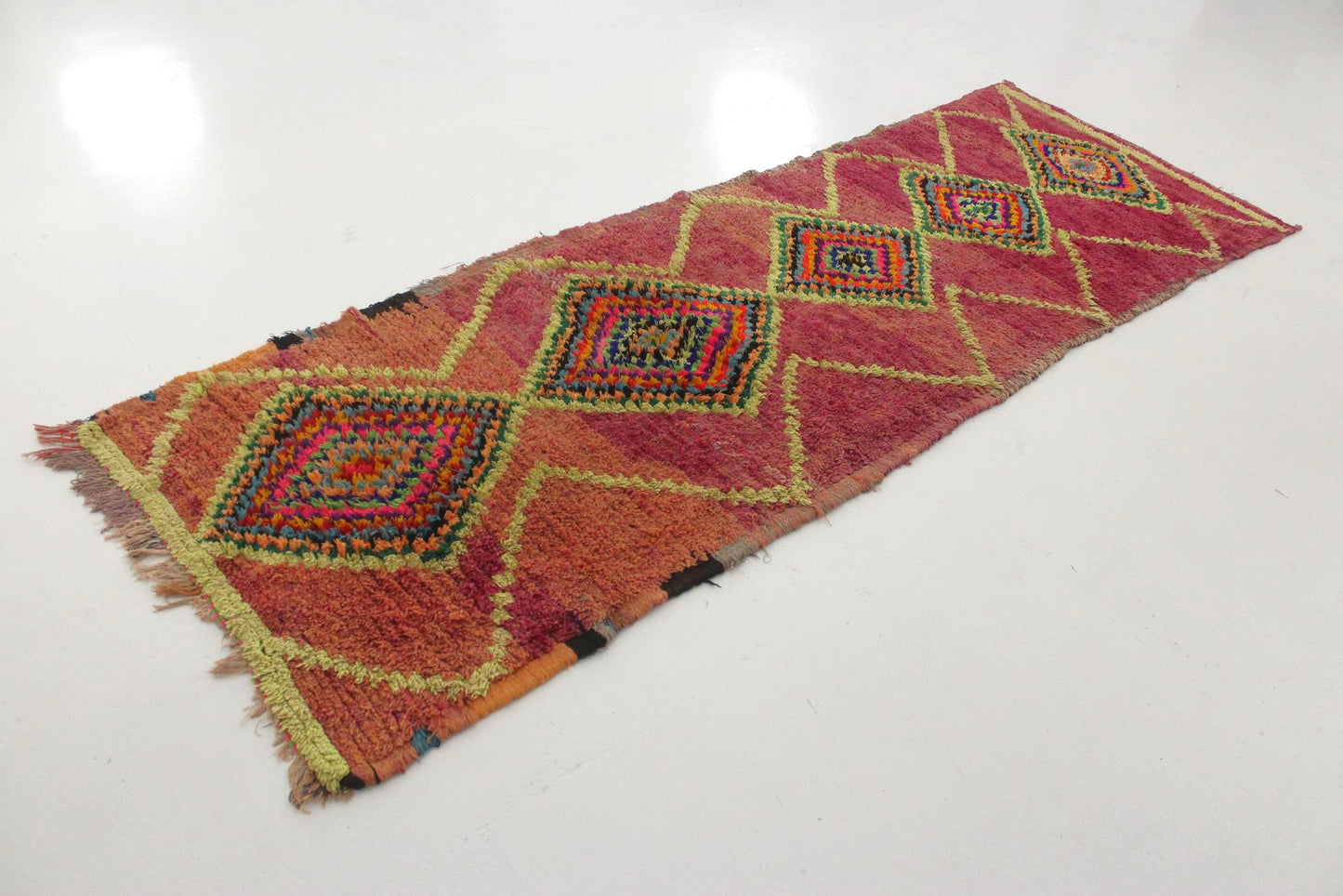 Vintage moroccan runner rug - purple, neon green - Boujad - 3x8.7feet / 92x265cm