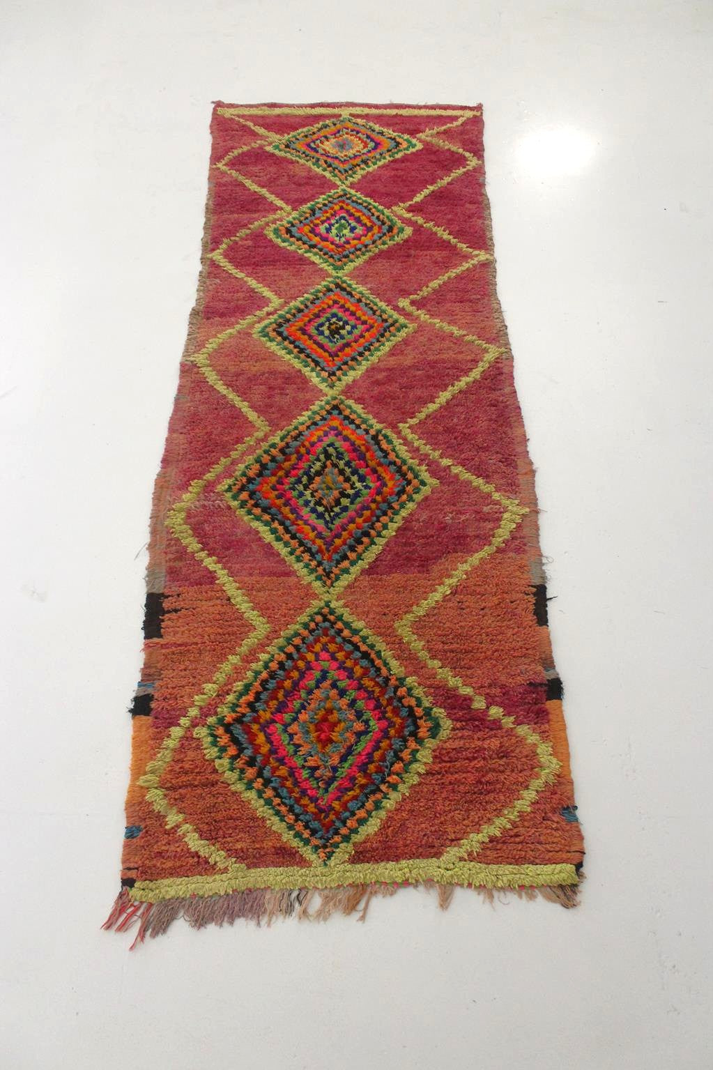 Vintage moroccan runner rug - purple, neon green - Boujad - 3x8.7feet / 92x265cm