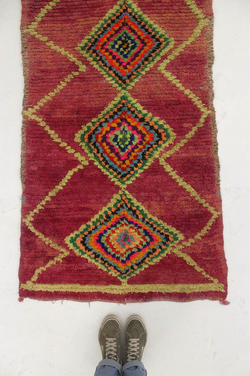 Vintage moroccan runner rug - purple, neon green - Boujad - 3x8.7feet / 92x265cm