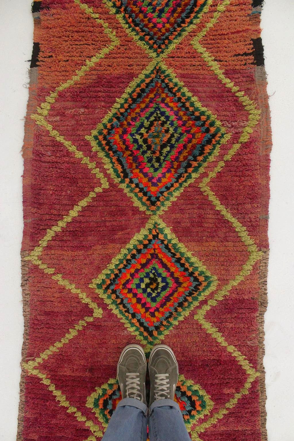 Vintage moroccan runner rug - purple, neon green - Boujad - 3x8.7feet / 92x265cm
