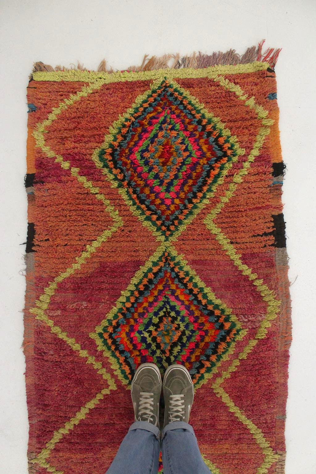 Vintage moroccan runner rug - purple, neon green - Boujad - 3x8.7feet / 92x265cm