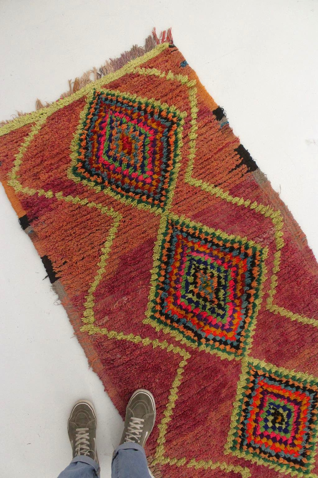 Vintage moroccan runner rug - purple, neon green - Boujad - 3x8.7feet / 92x265cm