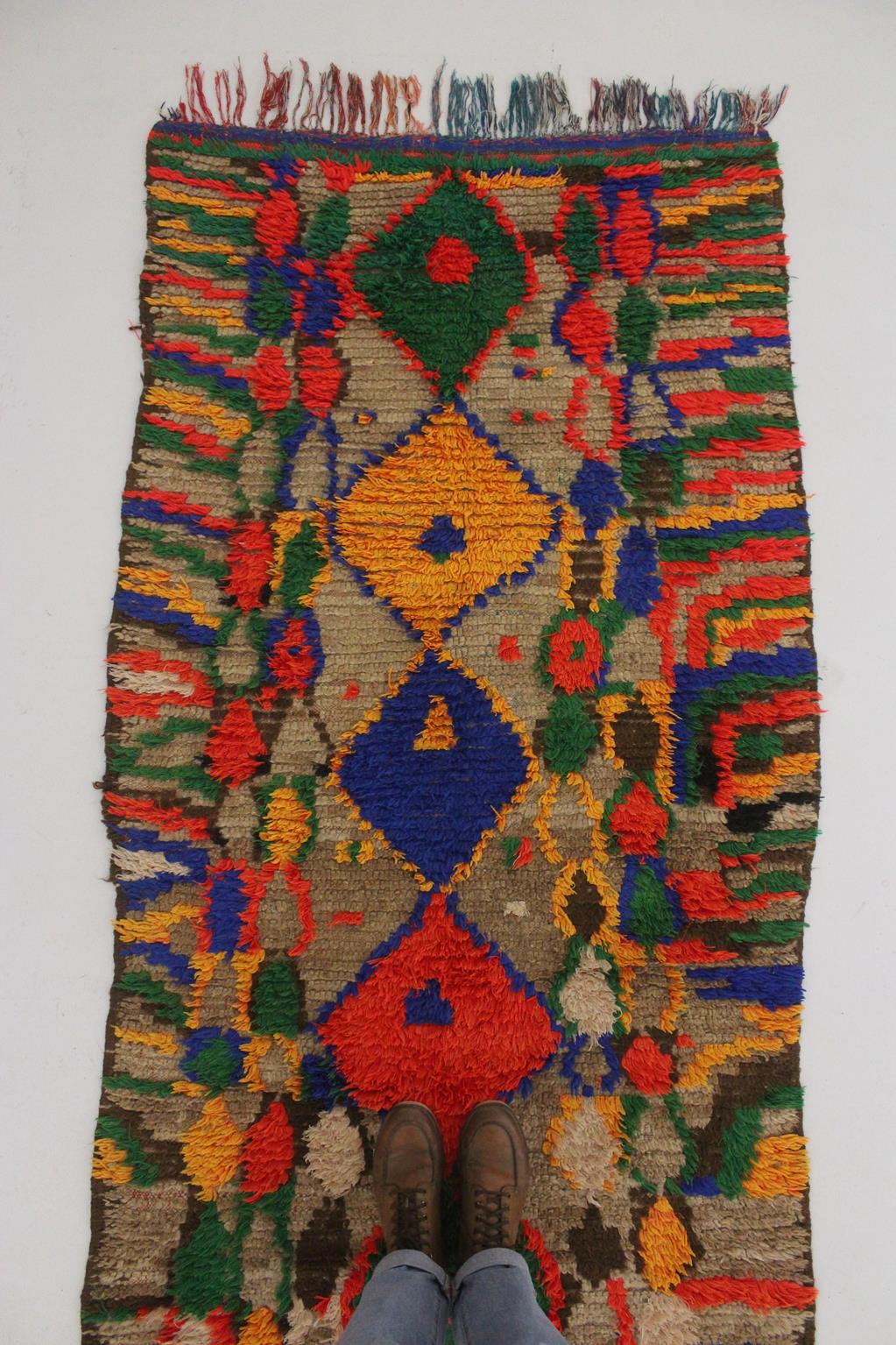 Vintage moroccan runner rug - brown, red, blue, green, yellow - Boujad - 3.6x12.3feet / 109x377cm