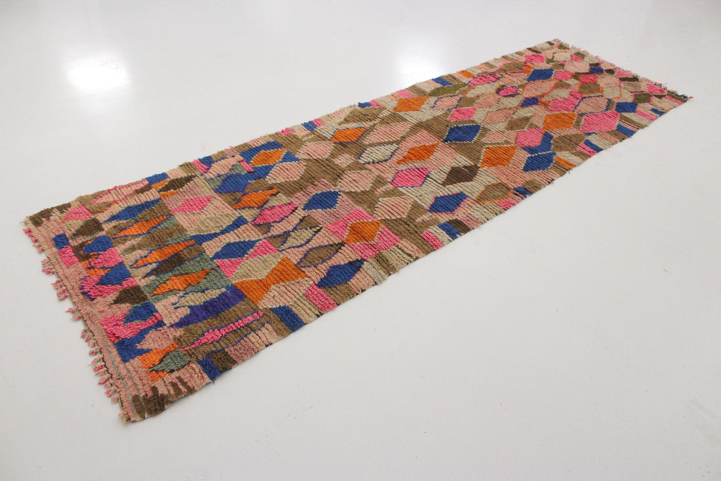 Vintage moroccan runner rug - pink, blue, brown, orange - Boujad - 3.2x10feet / 97x307cm