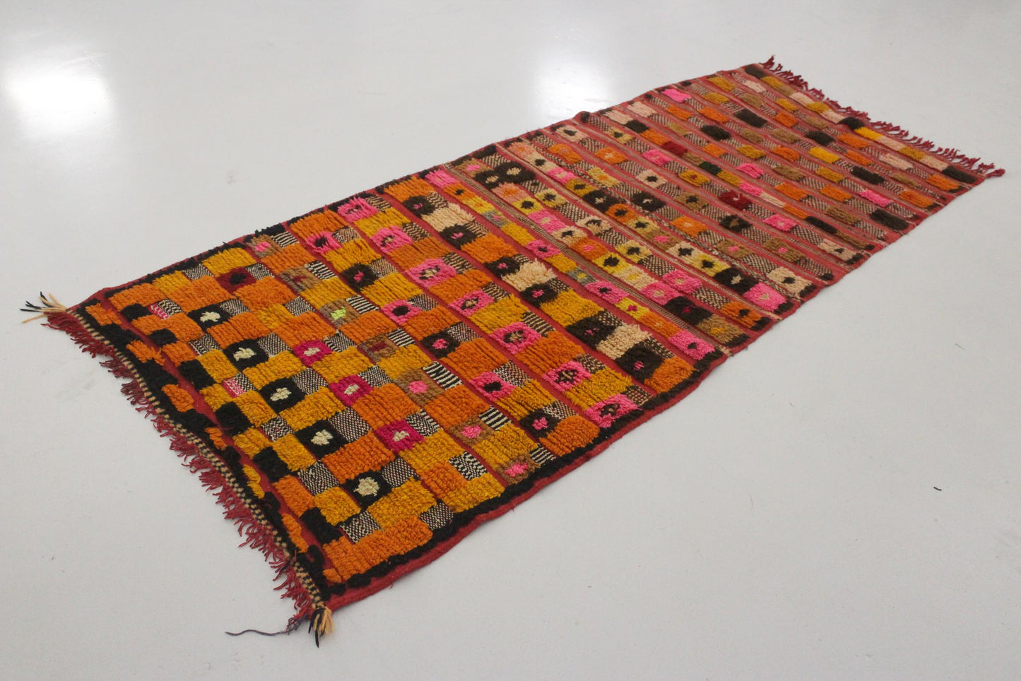 Vintage moroccan runner rug - textured in pink, yellow, orange - Azilal - 3.3x7.7feet / 102x235cm