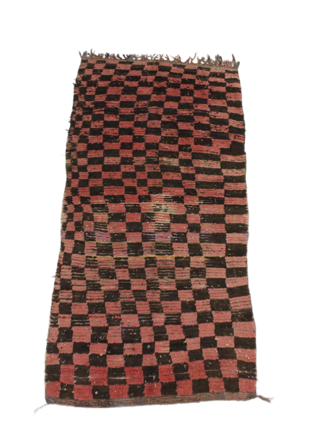 Vintage moroccan runner rug - checkered in pink, brown - Boucherouite - 3.9x8.1feet / 119x248cm