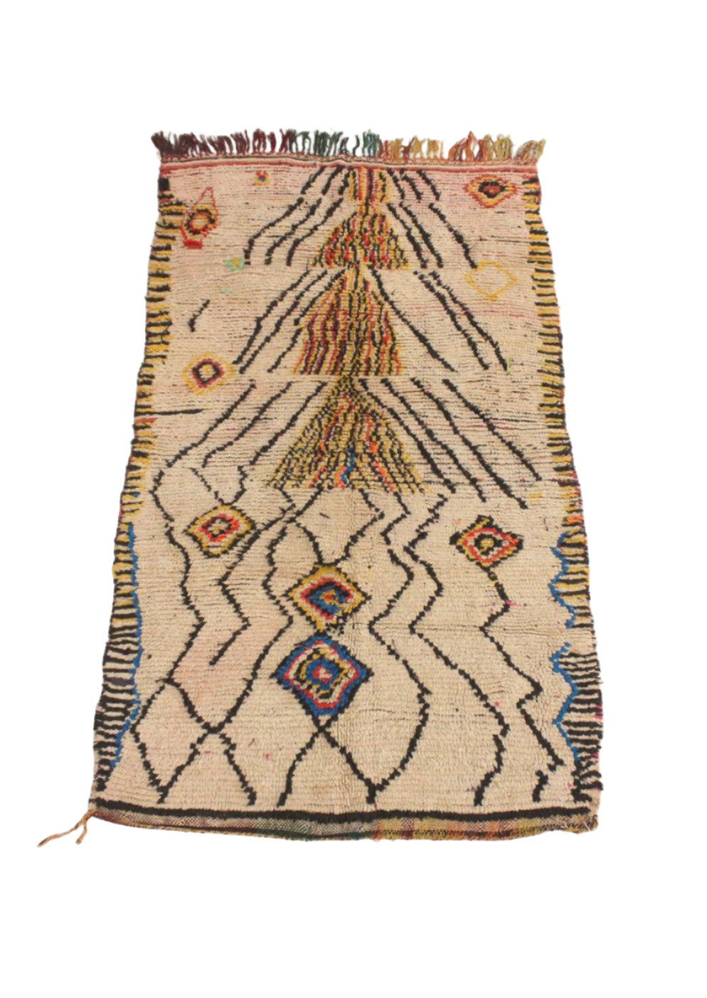 Vintage tribal rug - beige, yellow, blue - Azilal - 3.9x6.7feet / 120x206cm