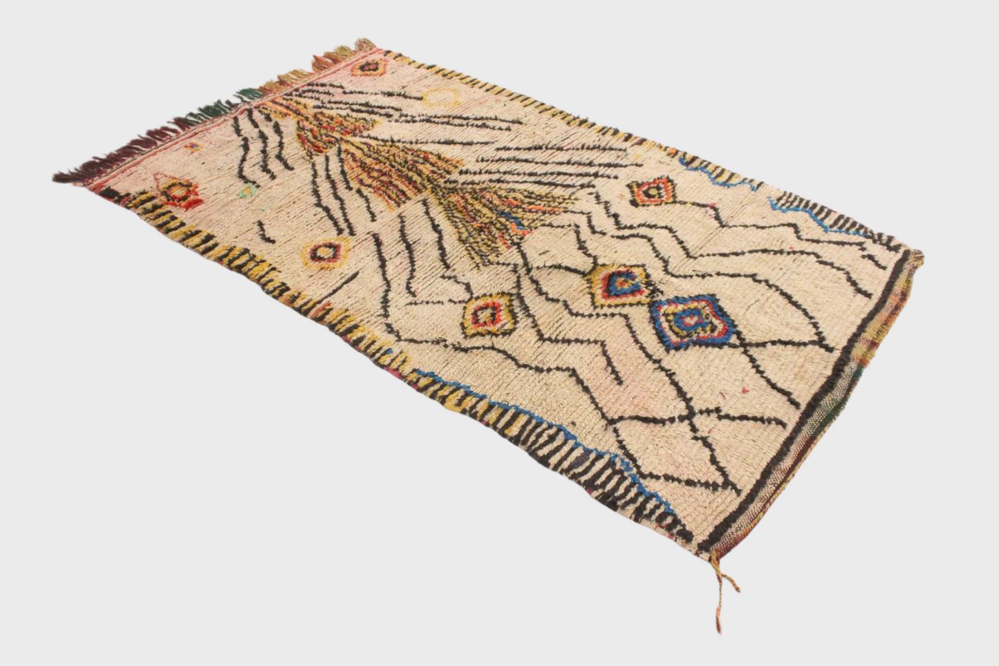 Vintage tribal rug - beige, yellow, blue - Azilal - 3.9x6.7feet / 120x206cm
