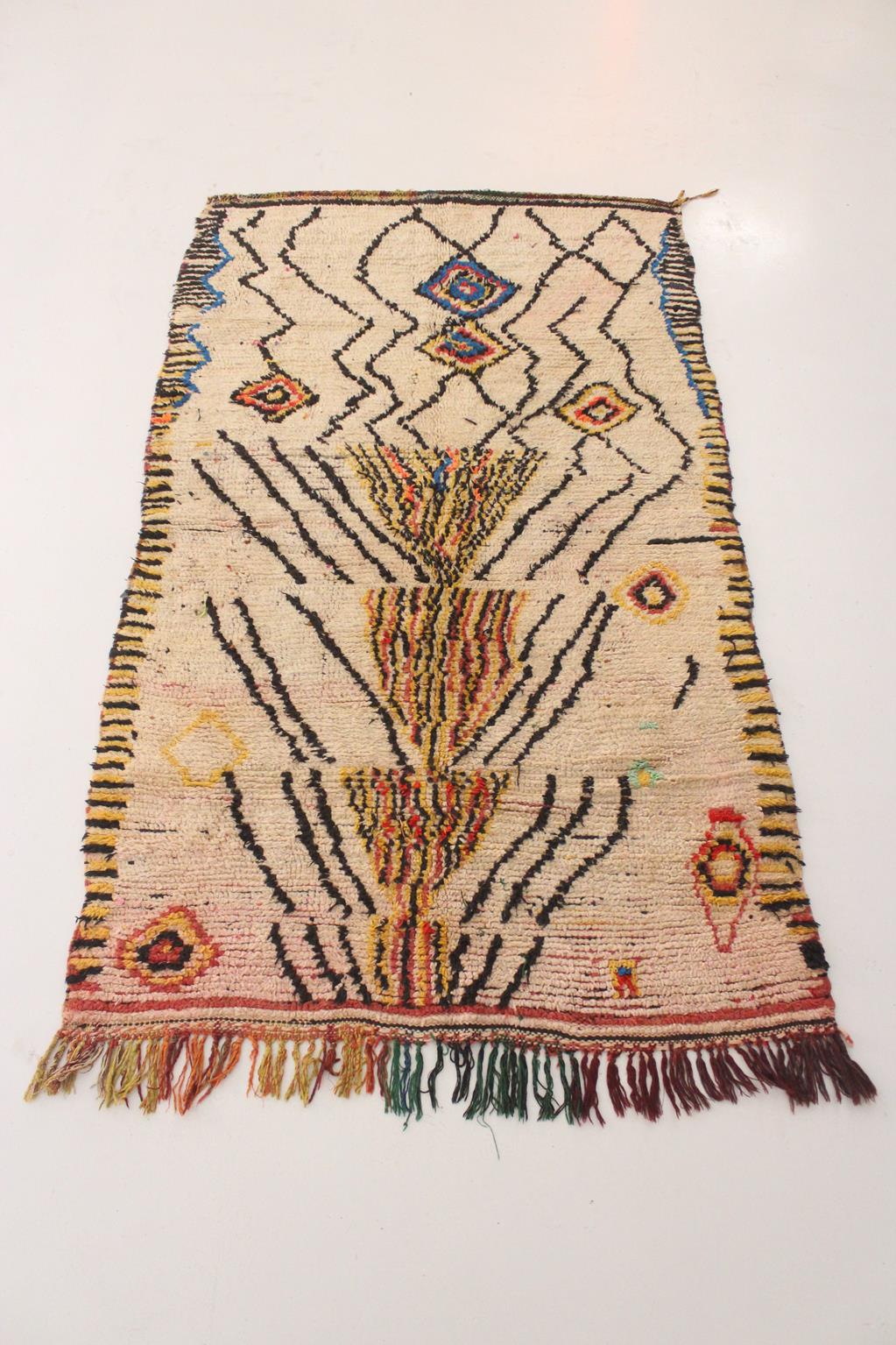 Vintage tribal rug - beige, yellow, blue - Azilal - 3.9x6.7feet / 120x206cm