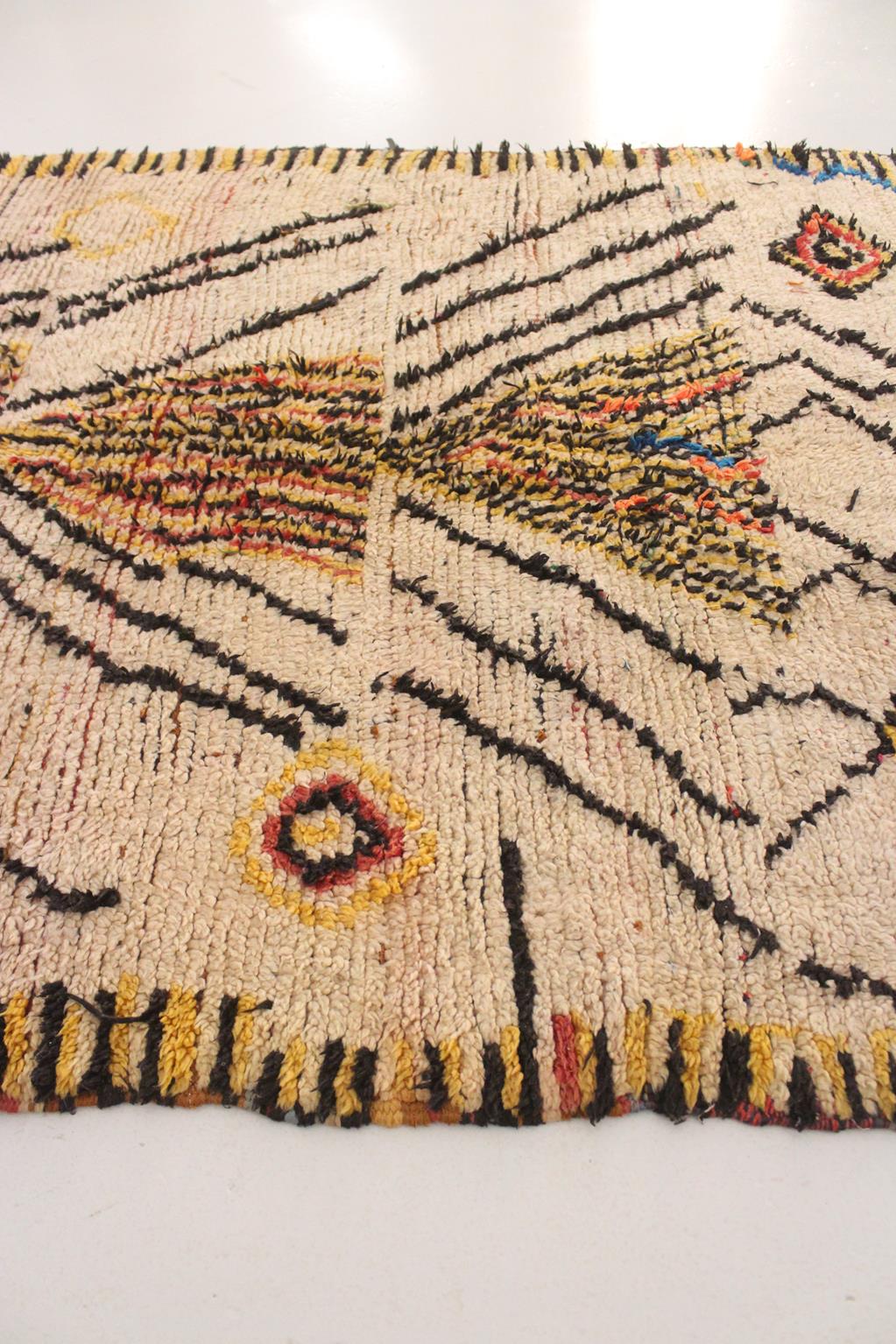 Vintage tribal rug - beige, yellow, blue - Azilal - 3.9x6.7feet / 120x206cm