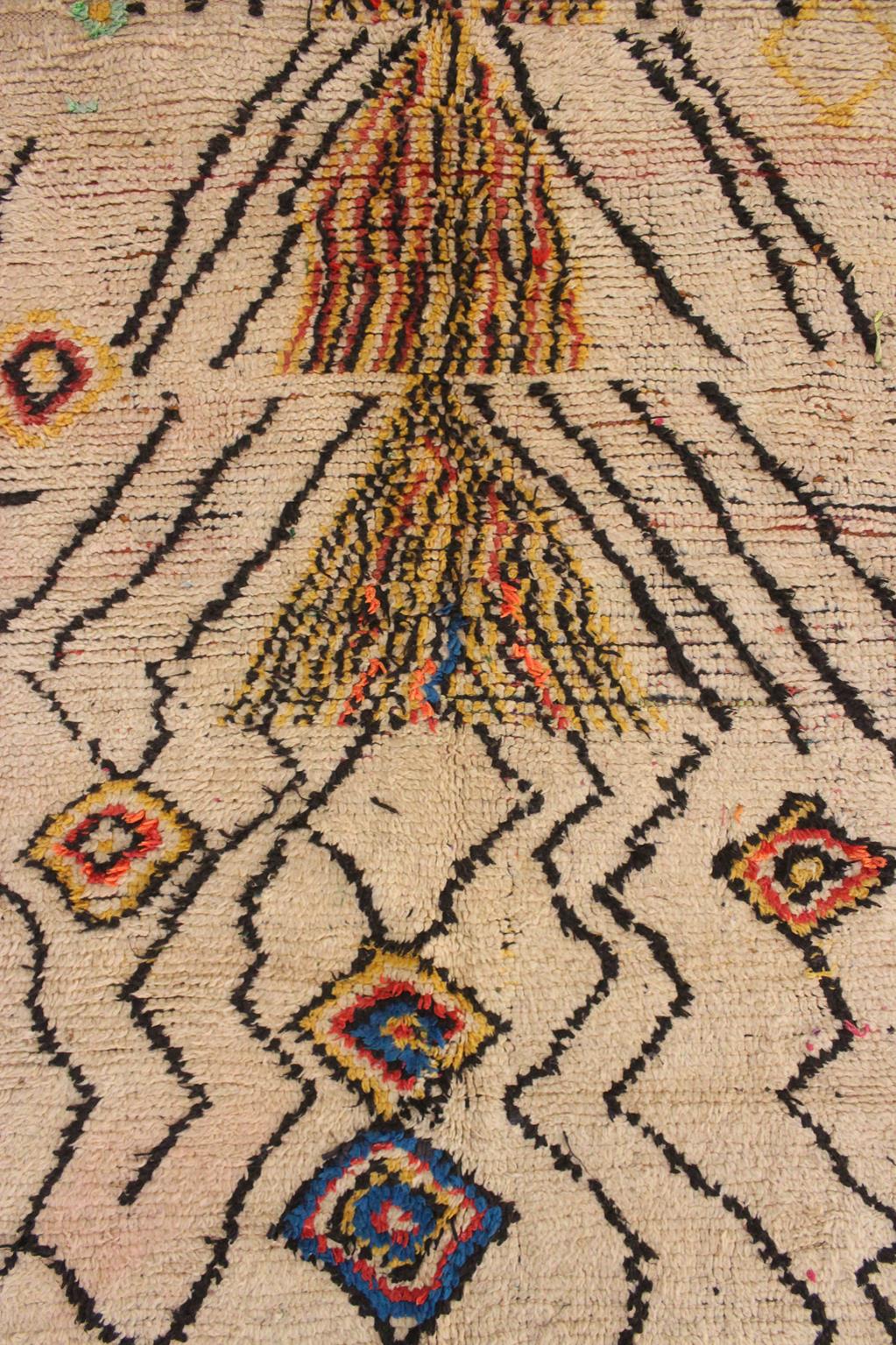 Vintage tribal rug - beige, yellow, blue - Azilal - 3.9x6.7feet / 120x206cm