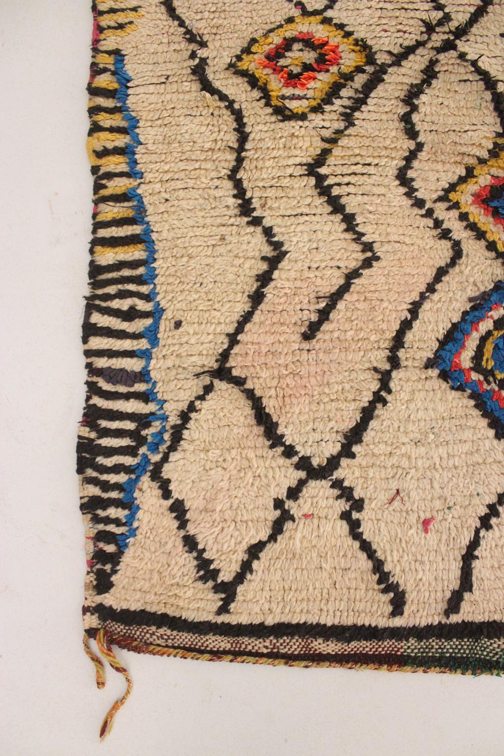 Vintage tribal rug - beige, yellow, blue - Azilal - 3.9x6.7feet / 120x206cm
