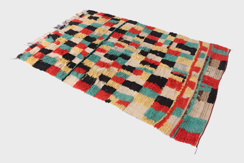 Vintage moroccan rug - checkered in cream, green, black, red, yellow - Azilal - 4.8x7.1feet / 148x217cm