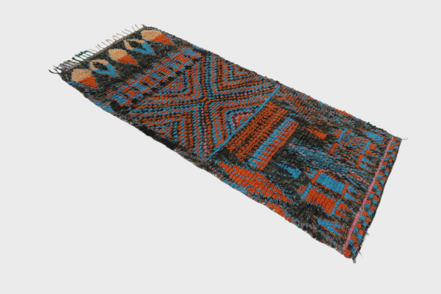 Vintage moroccan runner rug - black, blue, orange - Boucherouite - 2.9x7feet / 90x213cm