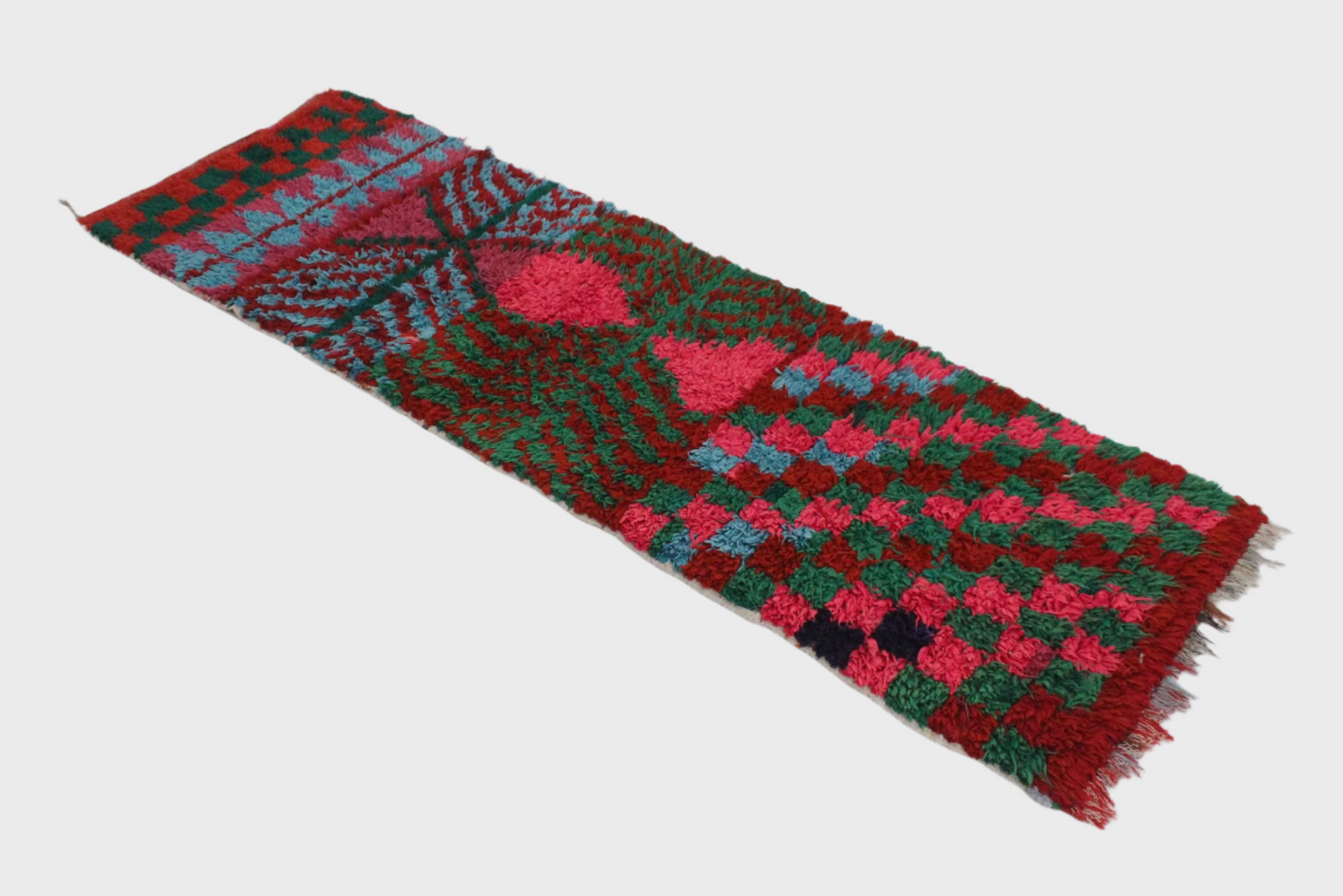 Vintage moroccan runner rug - pink, purple, blue, green - Boucherouite - 2.7x8.3feet / 82x255cm