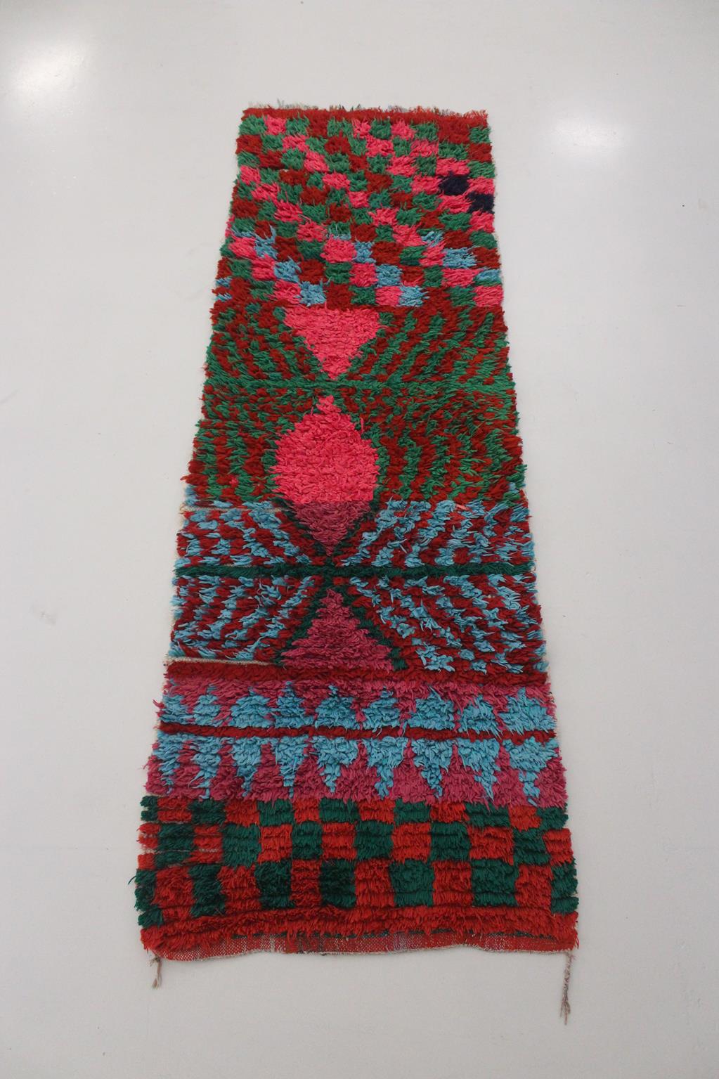 Vintage moroccan runner rug - pink, purple, blue, green - Boucherouite - 2.7x8.3feet / 82x255cm