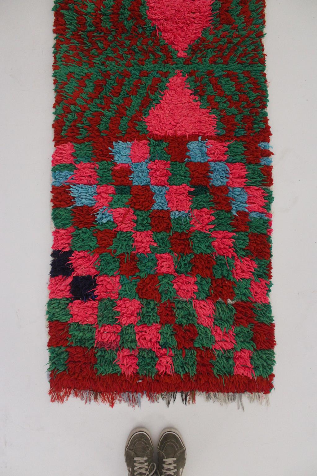 Vintage moroccan runner rug - pink, purple, blue, green - Boucherouite - 2.7x8.3feet / 82x255cm