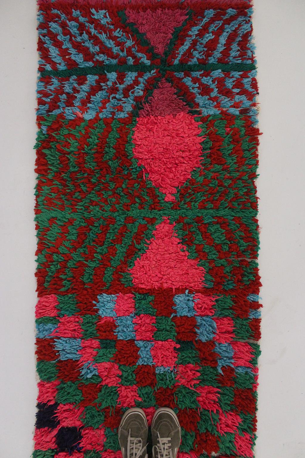Vintage moroccan runner rug - pink, purple, blue, green - Boucherouite - 2.7x8.3feet / 82x255cm