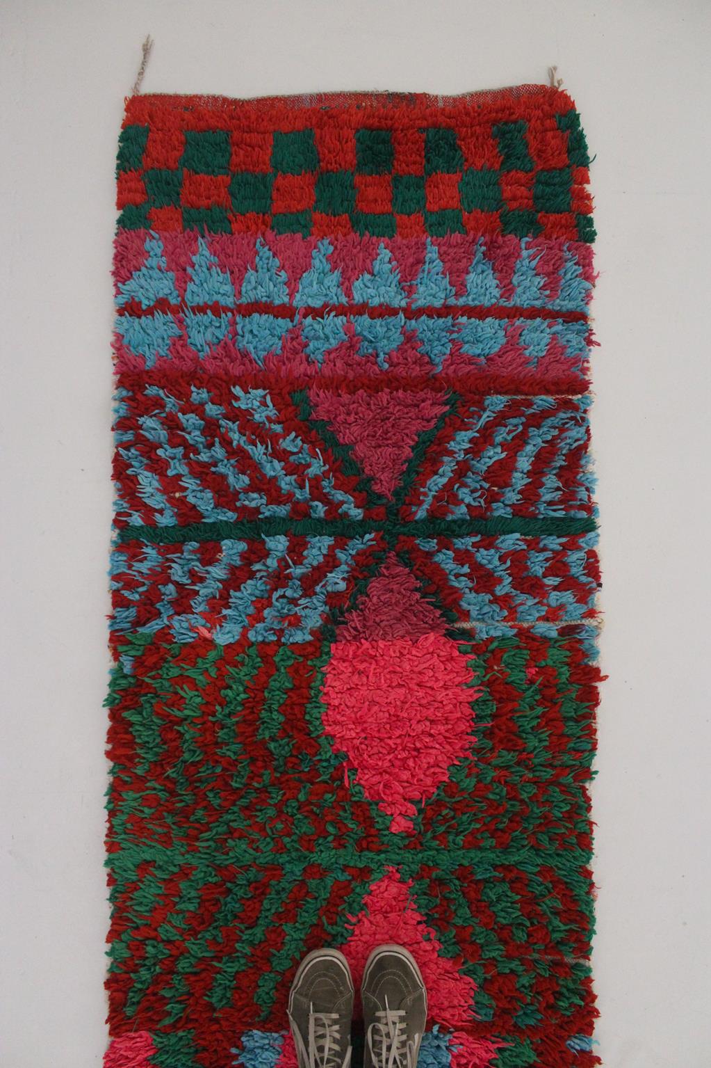 Vintage moroccan runner rug - pink, purple, blue, green - Boucherouite - 2.7x8.3feet / 82x255cm