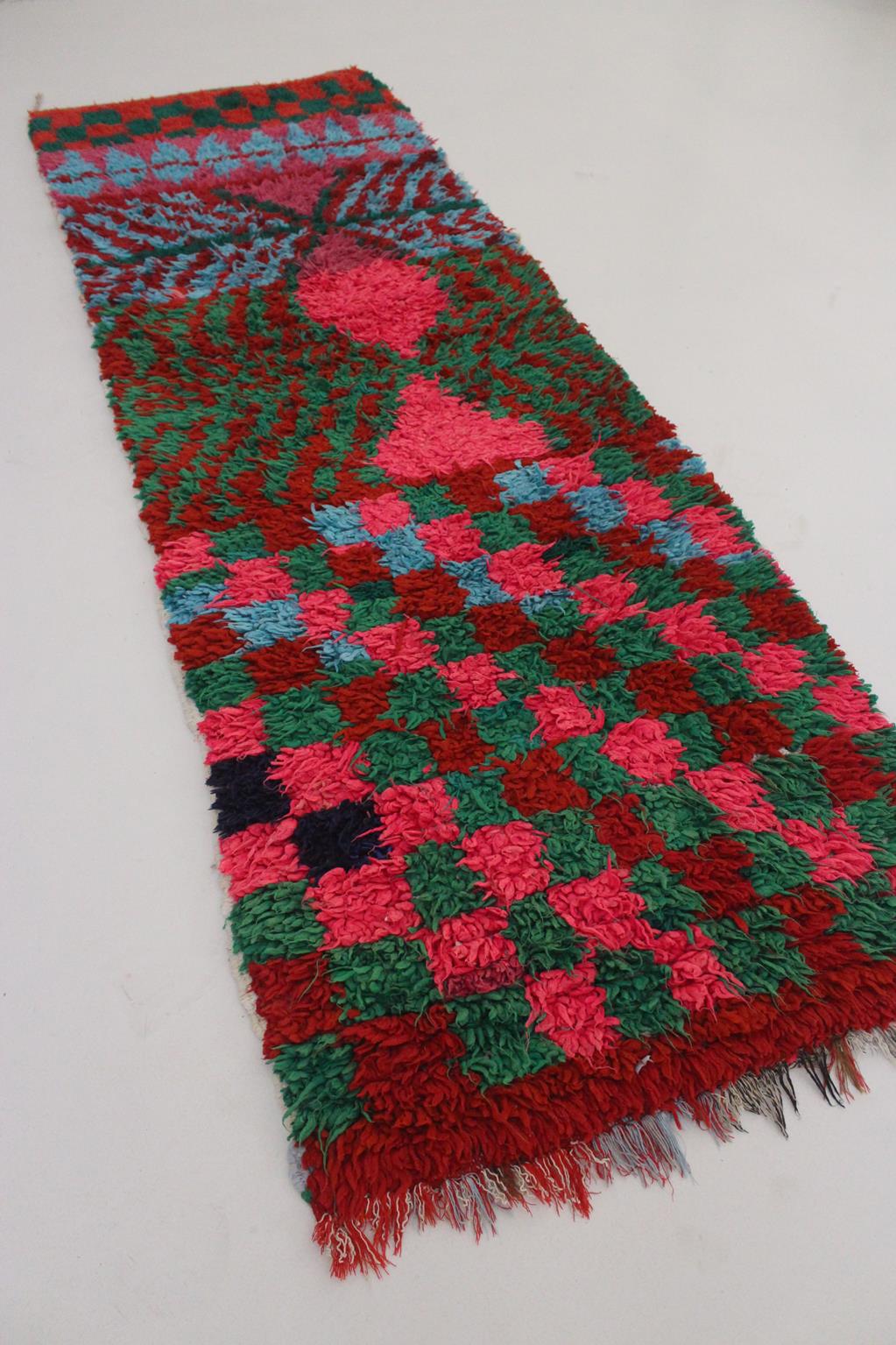 Vintage moroccan runner rug - pink, purple, blue, green - Boucherouite - 2.7x8.3feet / 82x255cm