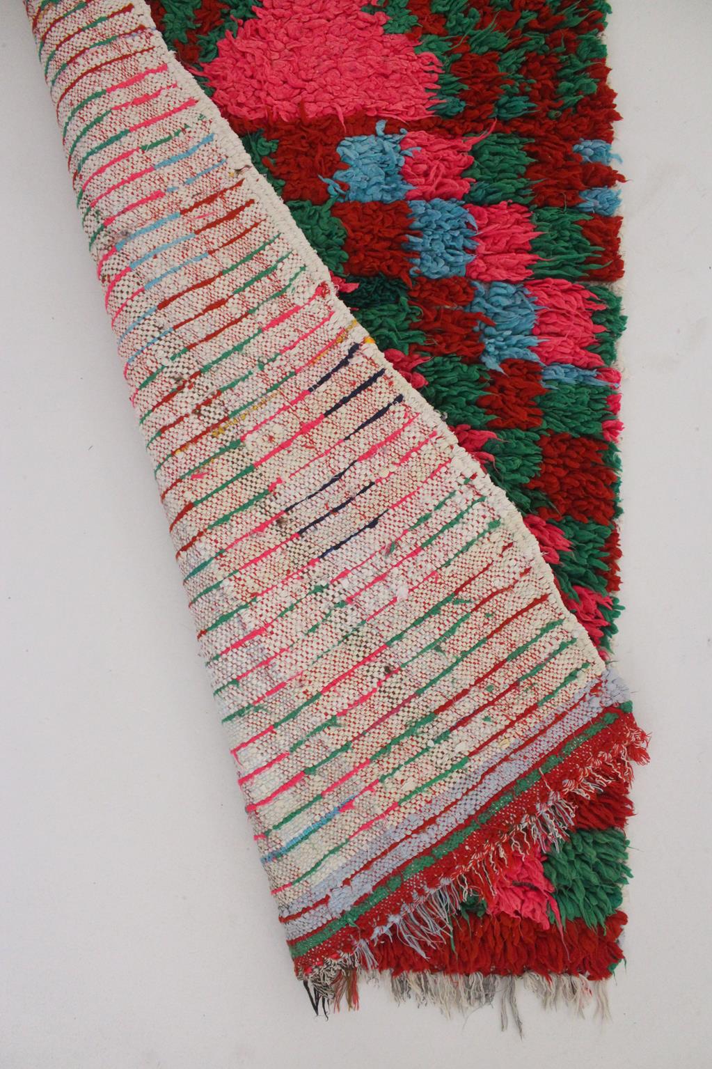 Vintage moroccan runner rug - pink, purple, blue, green - Boucherouite - 2.7x8.3feet / 82x255cm