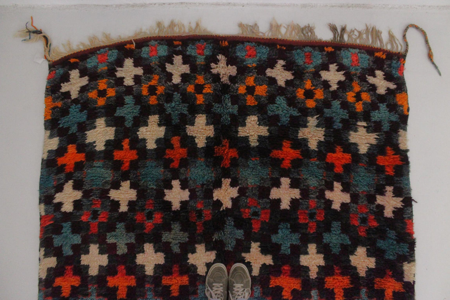 Vintage area moroccan rug - red, orange, green - Beni Mguild - 6.2x14.9feet / 190x455cm