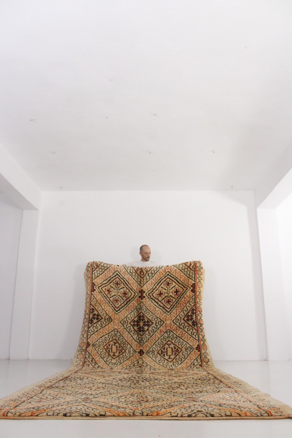 Vintage area moroccan rug - cream, orange - Beni Ourain - 6.3x14.1feet / 192x430cm