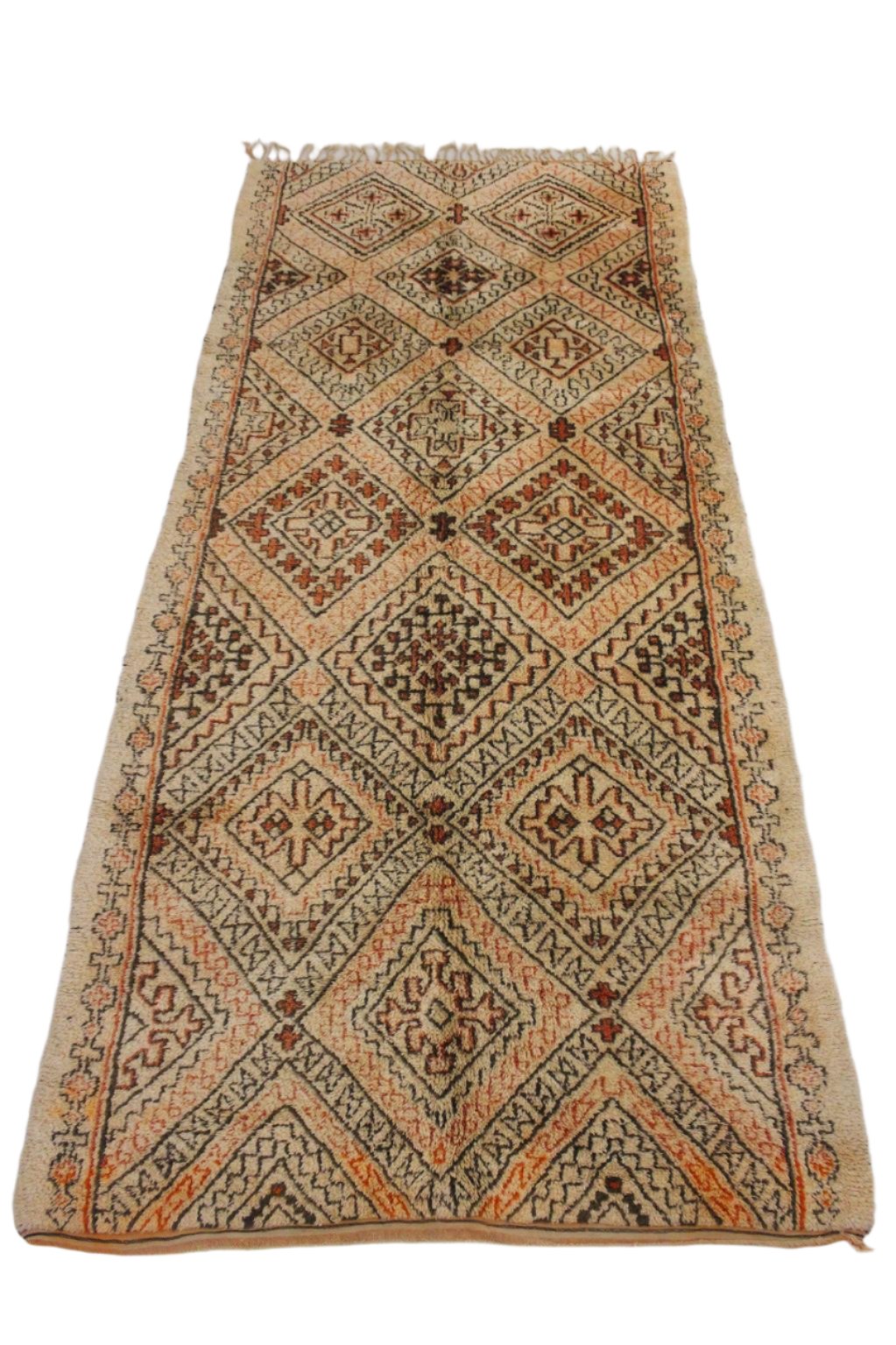 Vintage area moroccan rug - cream, orange - Beni Ourain - 6.3x14.1feet / 192x430cm