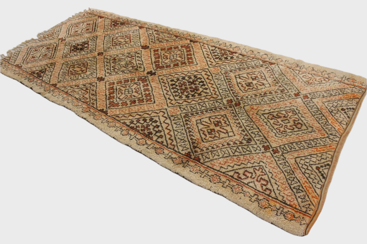 Vintage area moroccan rug - cream, orange - Beni Ourain - 6.3x14.1feet / 192x430cm