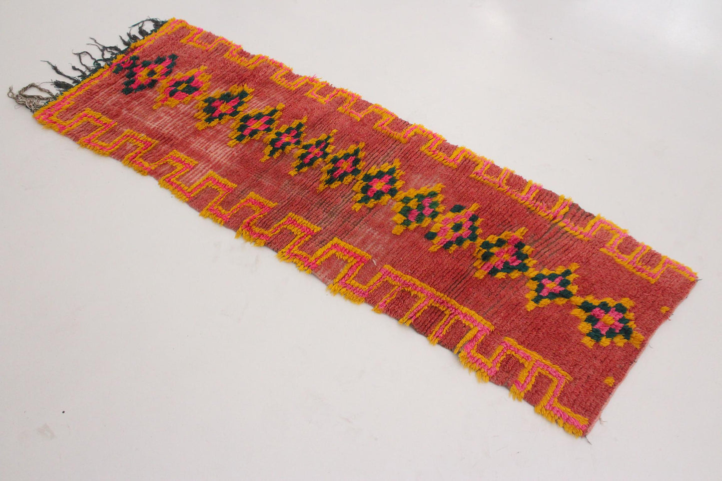 Vintage moroccan runner rug - pink, yellow, green - Boujad - 2.5x7.4feet / 78x225cm