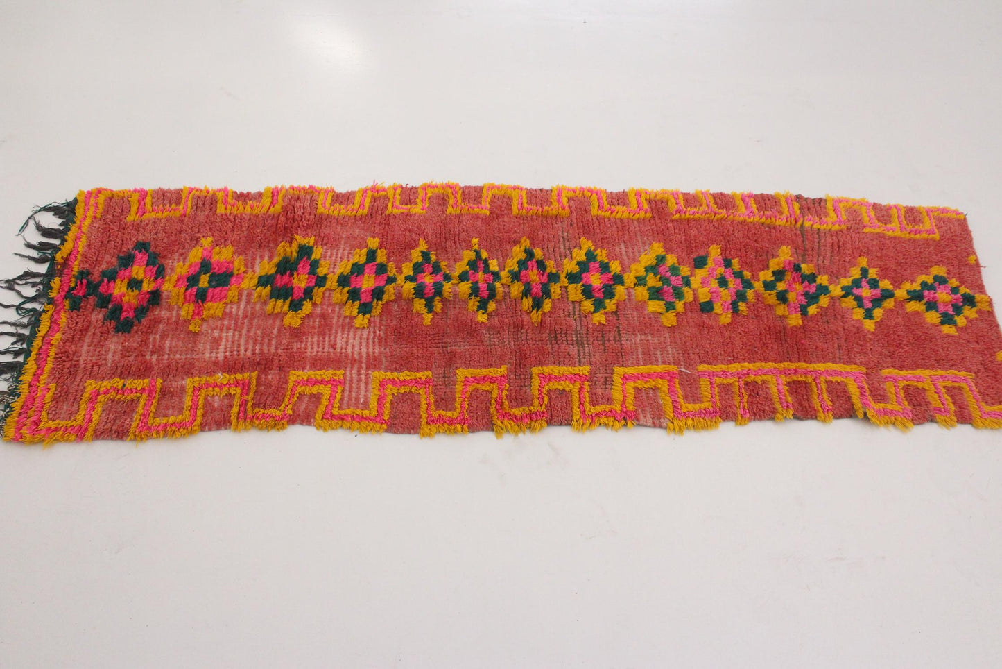 Vintage moroccan runner rug - pink, yellow, green - Boujad - 2.5x7.4feet / 78x225cm
