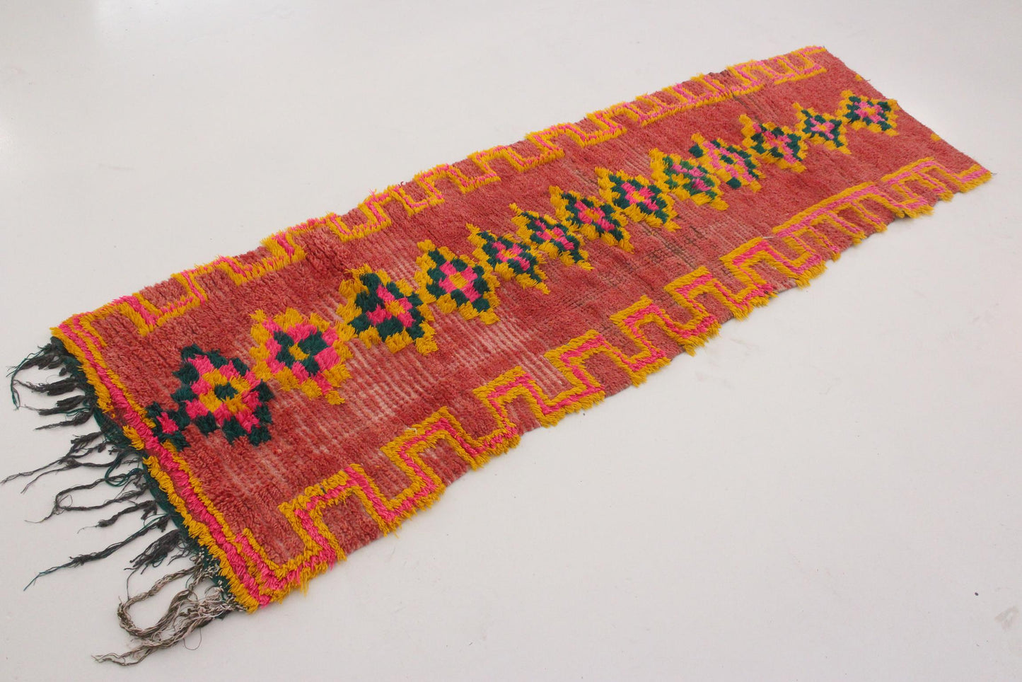Vintage moroccan runner rug - pink, yellow, green - Boujad - 2.5x7.4feet / 78x225cm