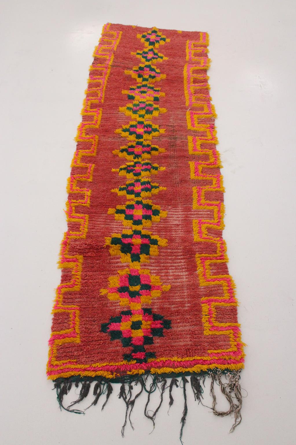 Vintage moroccan runner rug - pink, yellow, green - Boujad - 2.5x7.4feet / 78x225cm