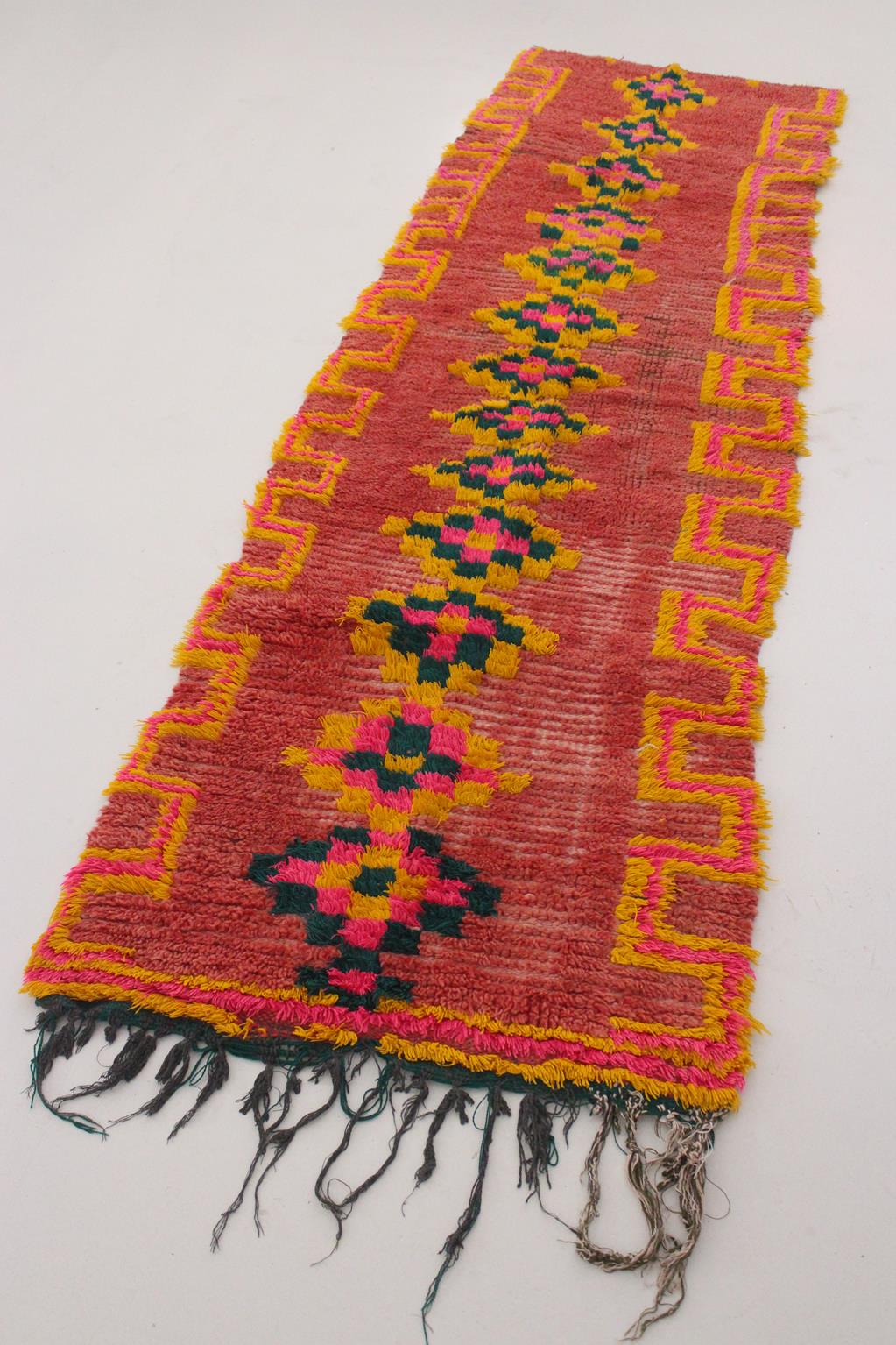 Vintage moroccan runner rug - pink, yellow, green - Boujad - 2.5x7.4feet / 78x225cm