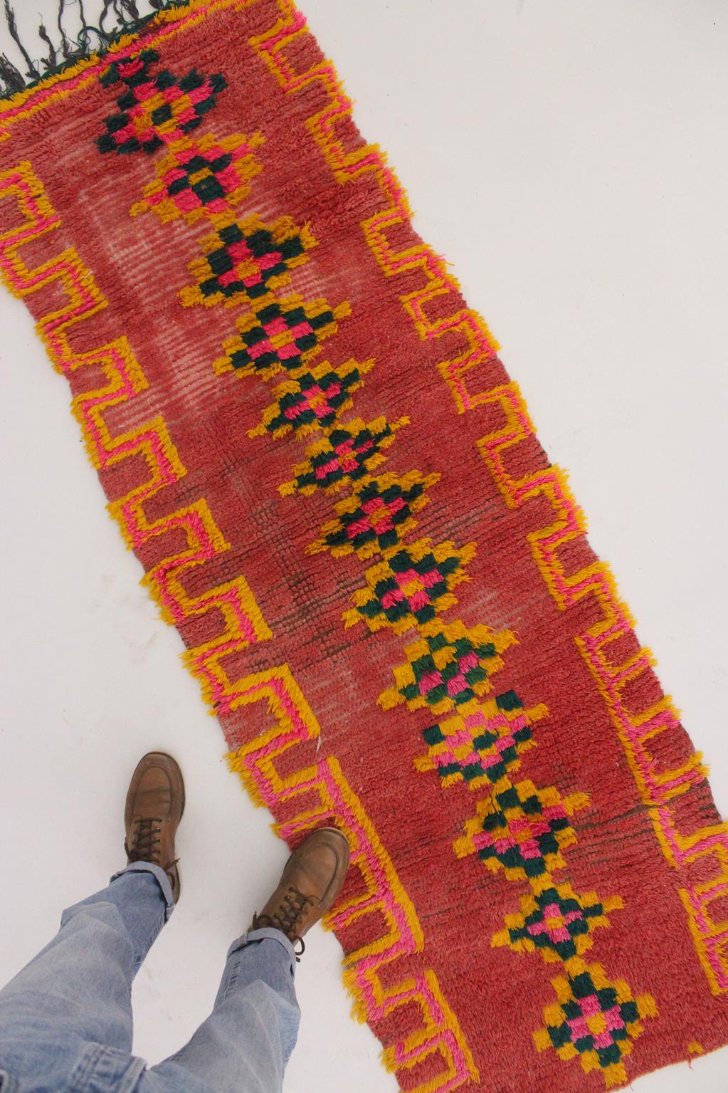 Vintage moroccan runner rug - pink, yellow, green - Boujad - 2.5x7.4feet / 78x225cm