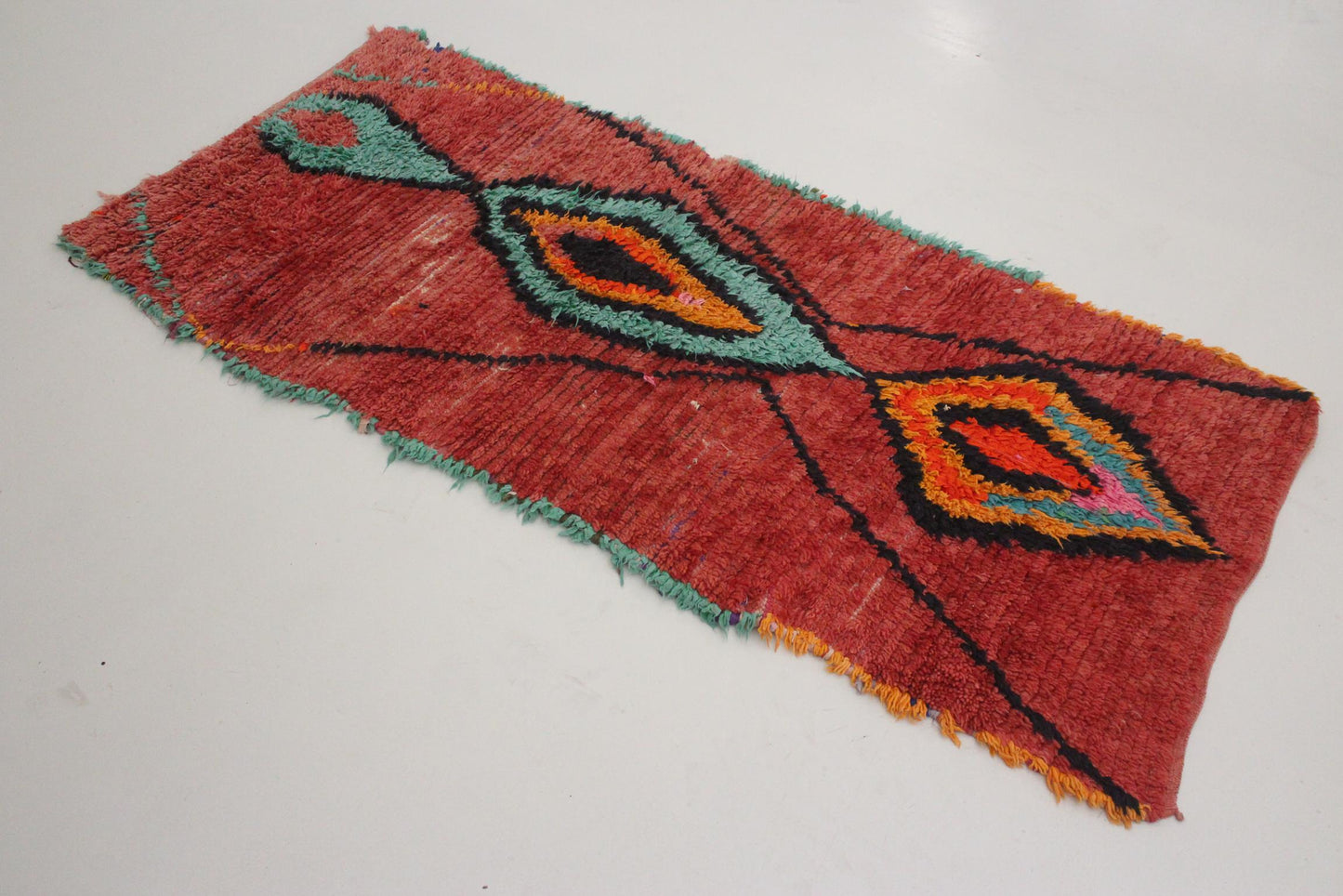 Vintage moroccan rug - red, blue - Boucherouite - 3.4x7.5feet / 105x230cm