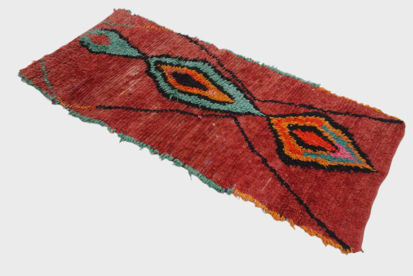 Vintage moroccan rug - red, blue - Boucherouite - 3.4x7.5feet / 105x230cm