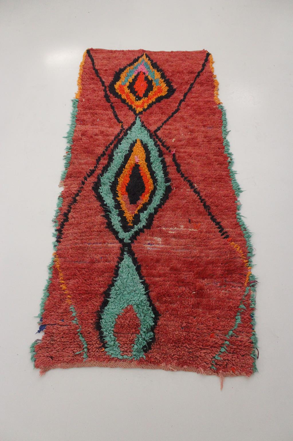 Vintage moroccan rug - red, blue - Boucherouite - 3.4x7.5feet / 105x230cm