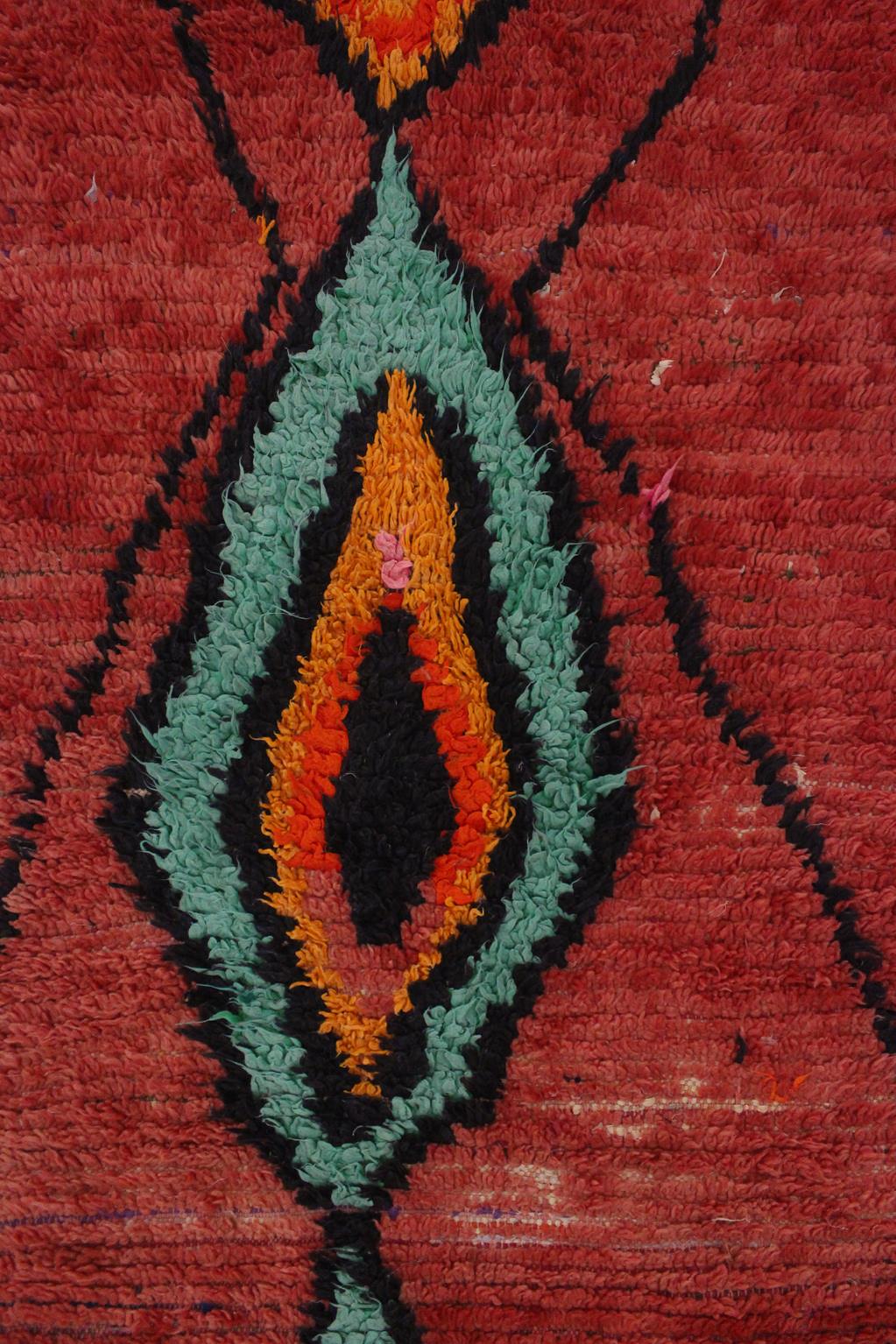 Vintage moroccan rug - red, blue - Boucherouite - 3.4x7.5feet / 105x230cm