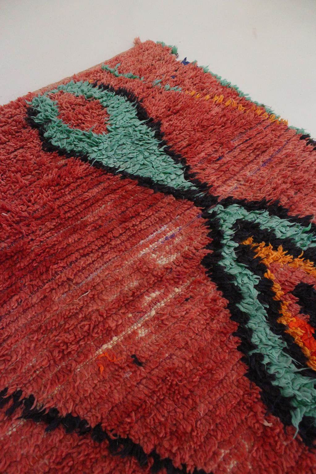 Vintage moroccan rug - red, blue - Boucherouite - 3.4x7.5feet / 105x230cm