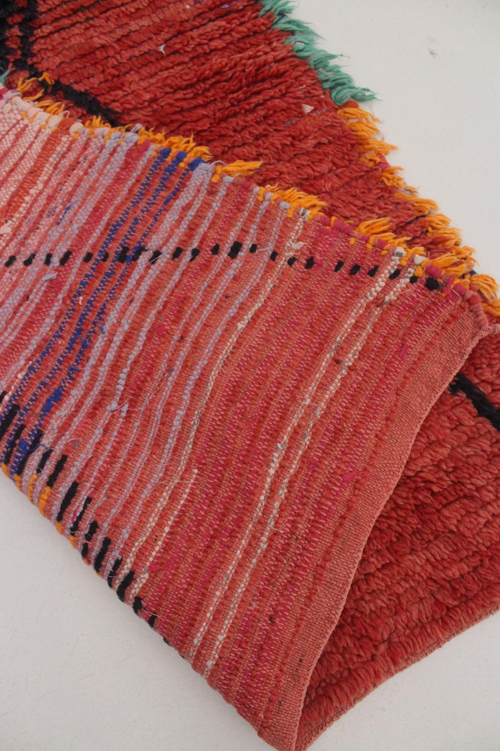 Vintage moroccan rug - red, blue - Boucherouite - 3.4x7.5feet / 105x230cm